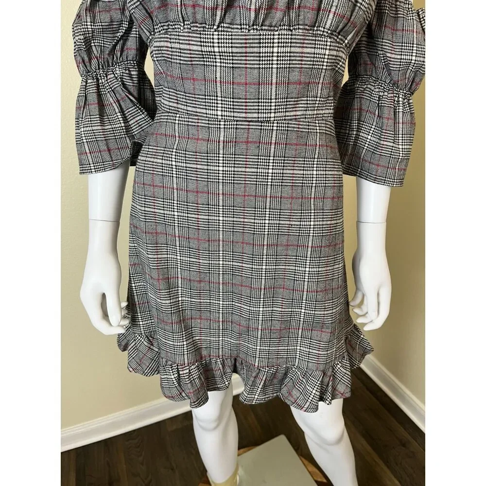Tularosa Women Size L Angie Gray Plaid Ruffle Mini Dress Preppy Academia Party